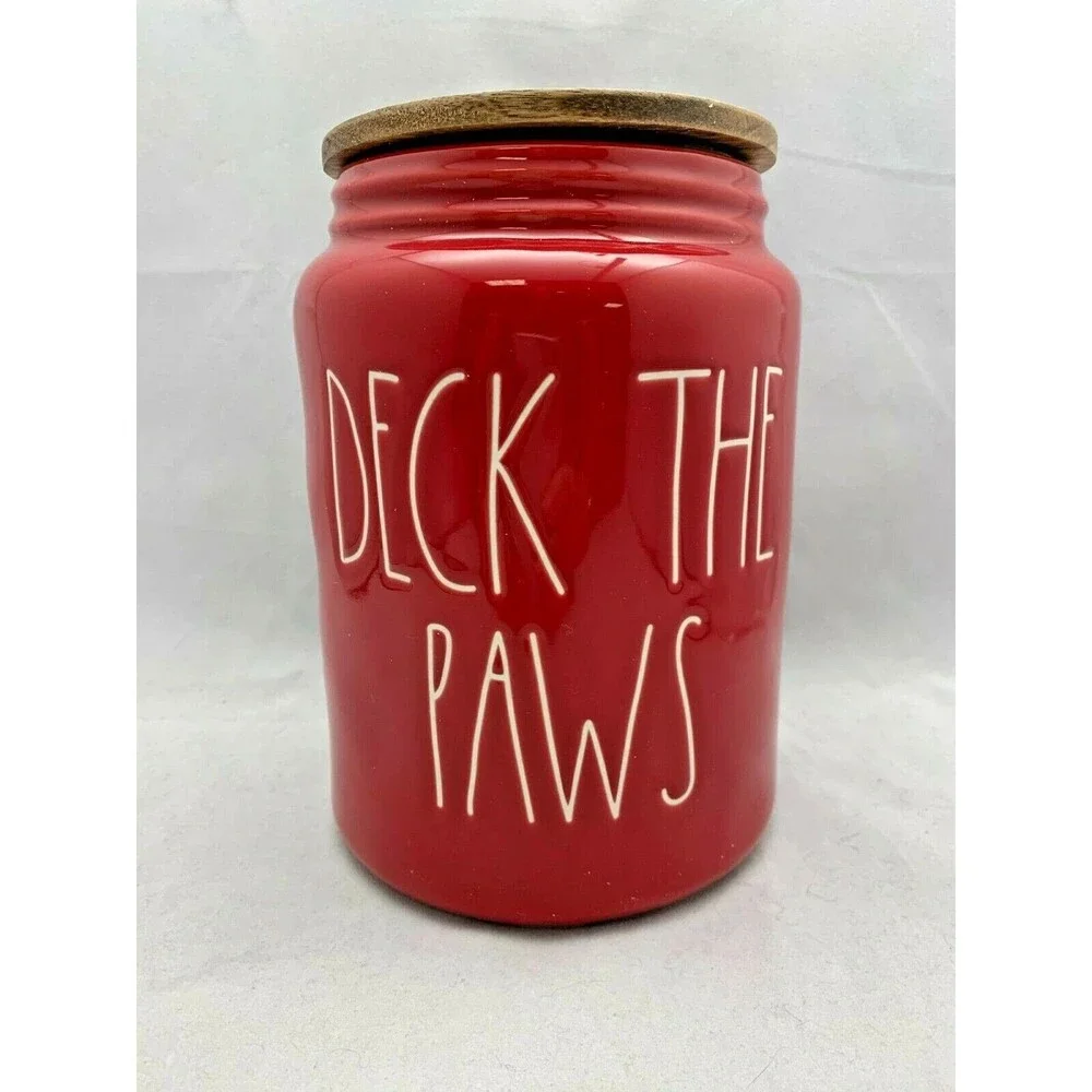 NEW RAE DUNN Christmas Dog Ceramic Canister Jar “DECK THE PAWS” 8.25